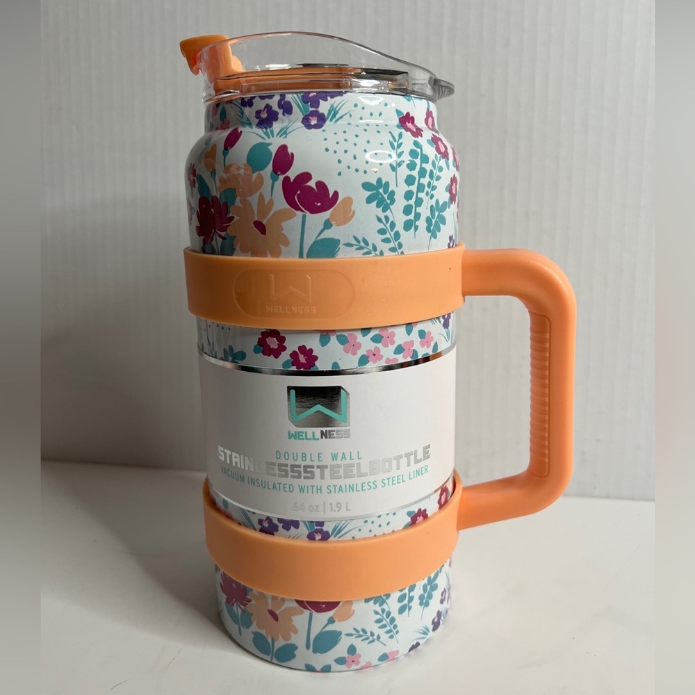Wellness double wall floral stainless steel insulated bottle 64 0z 1.9L